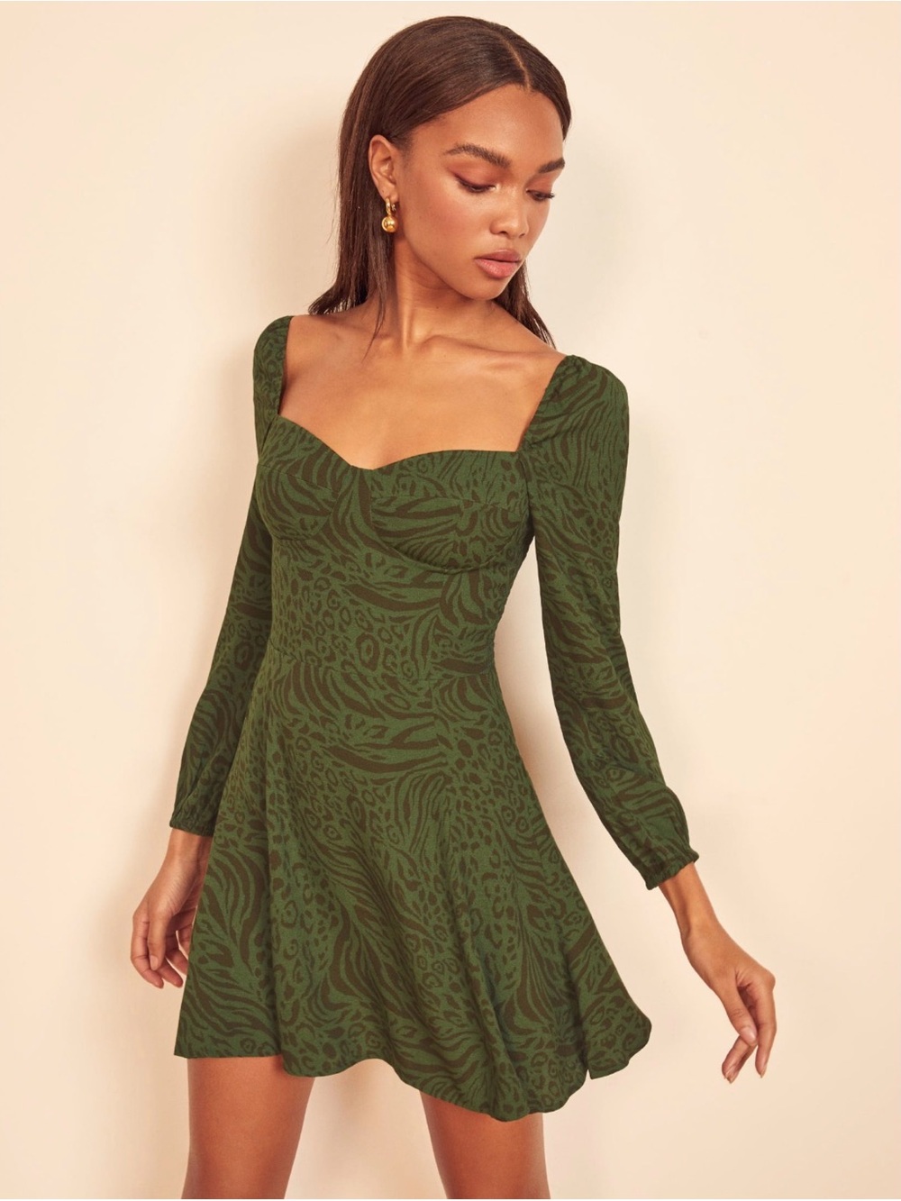 Reformation Olive Green Printed Square-Neck Mini Dress